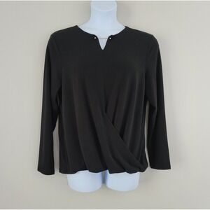 TAHARI Size XL Black Long Sleeve Split Neck Blouson Top with Metal Bar Accent